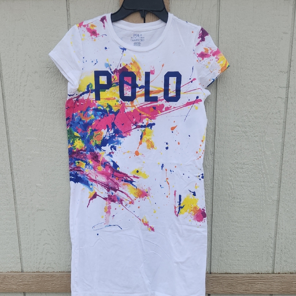 Polo Ralph Lauren Kidcore Splatter Sporty Bright Preppy Boho Tshirt Dress XL Fun